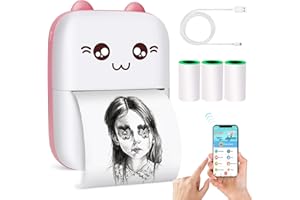 BAKOOR Mini Pocket Printer, Portable Thermal Printer with 3 Rolls Printing Paper for Android or iOS APP, Bluetooth Inkless Printer Gift for Kids, Used in Home, Office, Study, Work List Printing，Pink