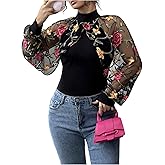 SweatyRocks Women's Plus Size Long Sleeve Mock Neck Embroidery Floral Mesh Slim Fit T Shirts Top