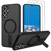 Aropuktek for Samsung Galaxy-S24-FE Case, 2X Screen Protectors, Black | Strong Magnetic Compatible with MagSafe, Durable Metal Kickstand, Slim Fit &amp; Matte Translucent Protection Case for S24 FE