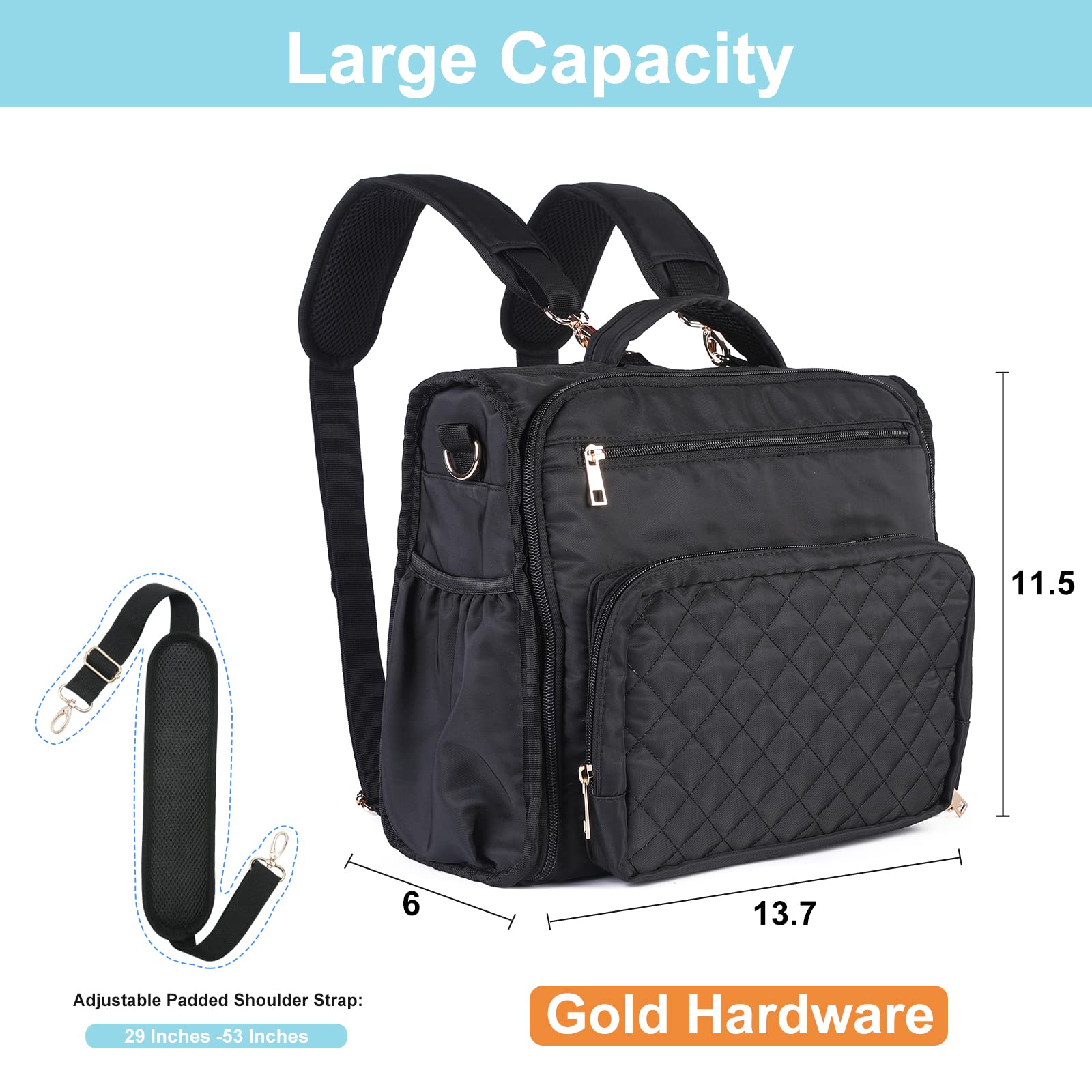 Clearworld Diaper Bag Backpack - Quilted Travel Diaper Bags for Baby Girl & Boy,Convertible Messenger Baby Changing Bag,Insulated Pockets,Large Capacity,Waterproof and Stylish, Black