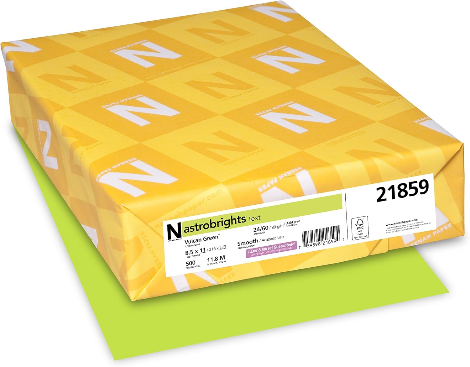 Neenah 21859 Astrobrights Color Paper, 8.5” x 11”, 24 lb / 89 GSM, Vulcan Green, 500 Sheets : Printer And Copier Paper : Office Products