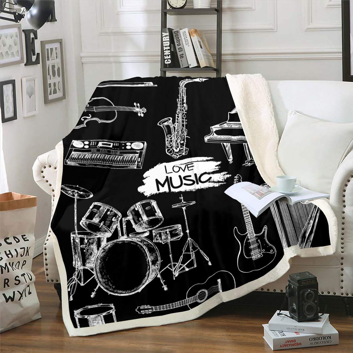 Guitar Music Themed Sherpa Throw Blanket for Sofa Couch - Warm Plush, Fuzzy, 50"x60" Musical Pattern Black White BlanketOEKO-TEX STANDARD 100