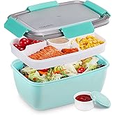 Caperci Large Salad Container Bowl for Lunch - Better Adult Bento Lunch Box 68 oz, 5-Compartment Tray, 2pcs 3-oz Sauce Cups, Stackable, BPA-Free (Aqua Sky)