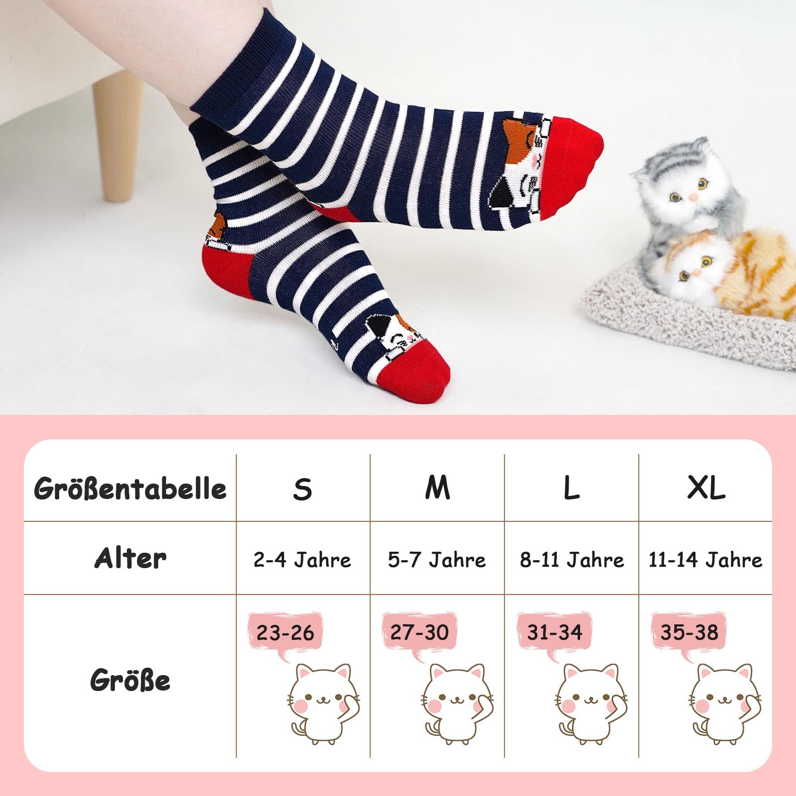 PUTUO Kinder Mädchen Socken Kindersocken: Mädchen Lustige Socken aus Baumwolle Kinder Bunt Tiere Gemustert Strümpfe größe 31-34 Zeichentrickkatze 5 Paare 7