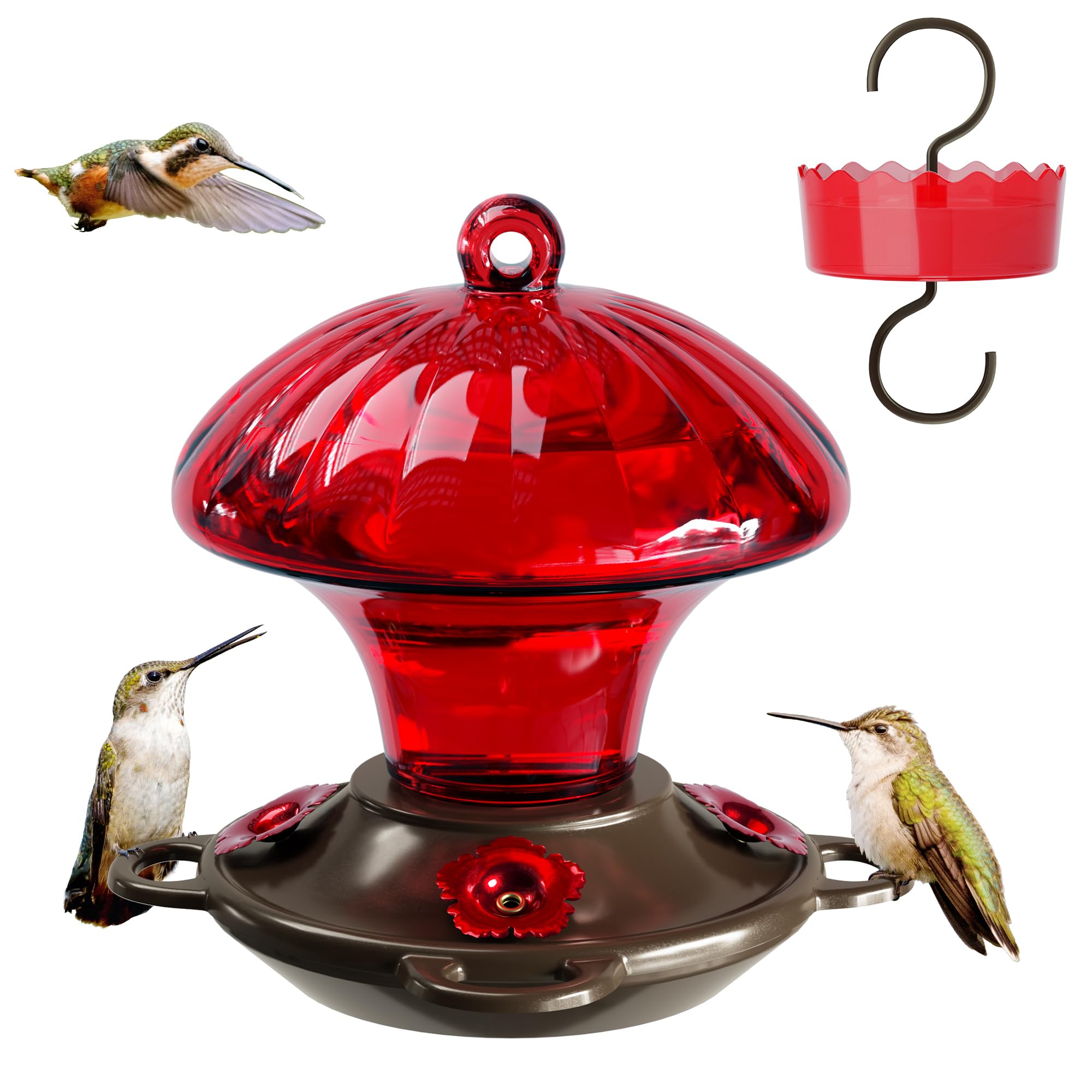 Photo 1 of Hummingbird Feeder, Auslar 15 Ounces Glass Hummingbird Feeders for Outdoors Hanging Ant and Bee Proof, Ant Moat & 4 Flower Feeding Ports, Rustproof, Leakproof, Mushroom Shape, Red