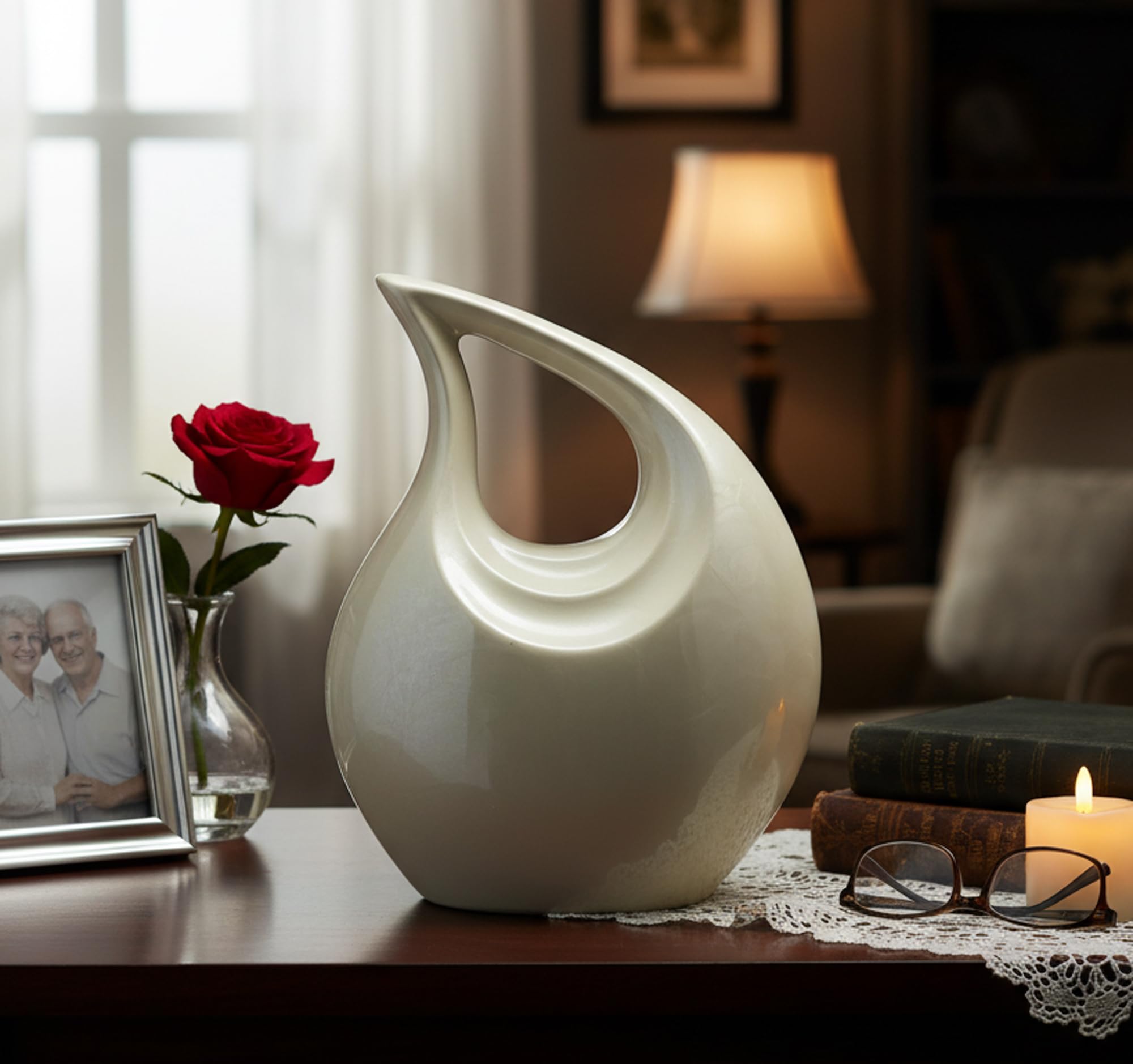 ESPLANADE Metal Cremation Urn Memorial Jar Pot Container | Full Size Embossed Urn for Funeral Ashes Burial | Teardrop Metal Urns | White - 10" Inches