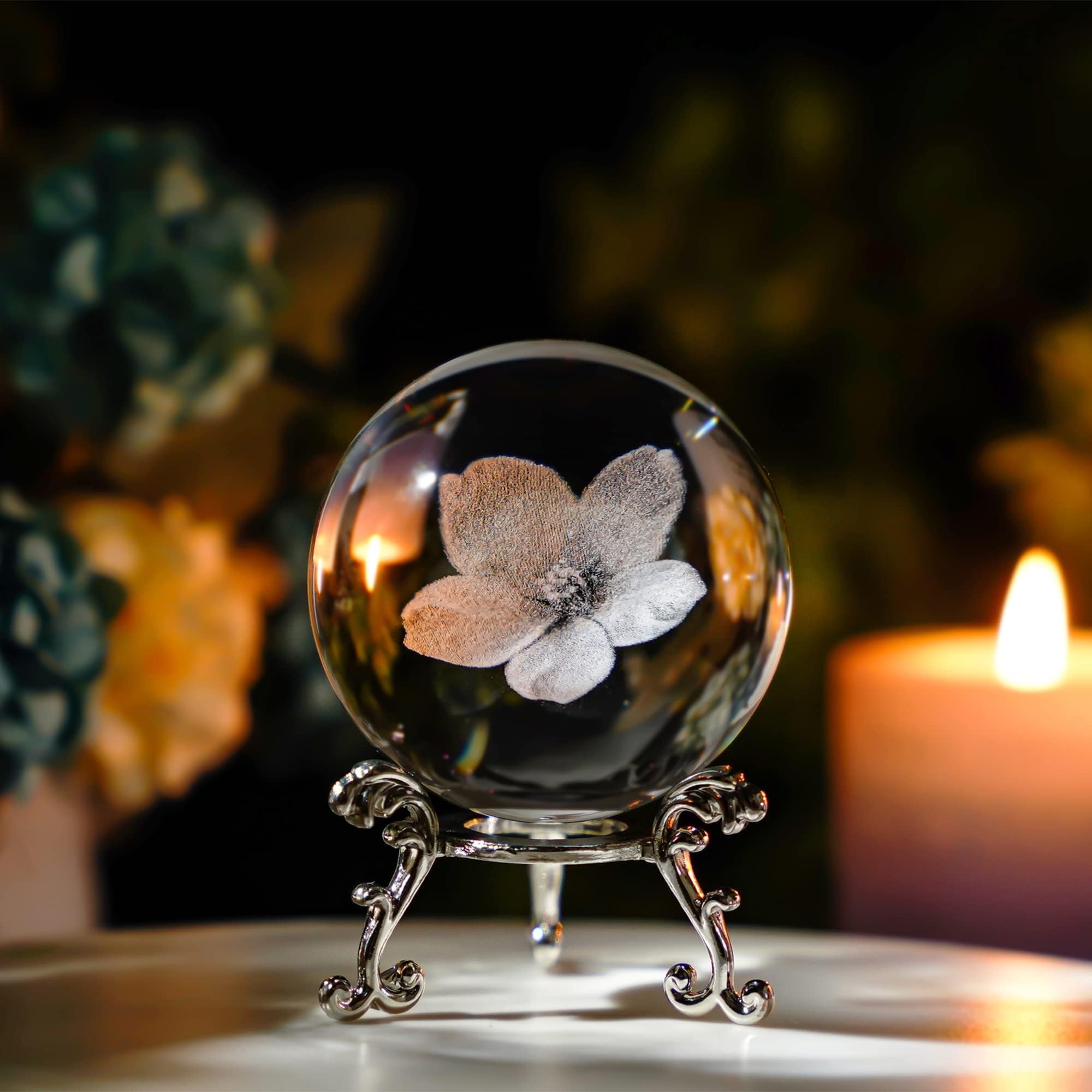 HDCRYSTALGIFTS 60mm 3D Flowers Crystal Ball Figurine Gifts for Women Men Glass Laser Engraved Cherry Blossom Sakura Crystal Ball with Stand Paperweights Glass Ball Ornaments Decor Gifts for Lovers