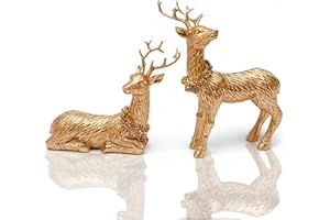 MicoSim 2pcs Pine Nut Reindeer Christmas Decorations, Deer Figurines Home Decor, Elk Figurine, Holiday Home Décor Accents for Xmas Office Living Room & Bedroom Decorations (Pine Nut Medium, Gold)