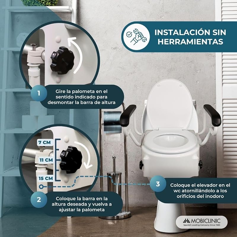 ®, Elevador wc para adultos con reposabrazos, Tajo, 19 cm, Ancianos, Tapa y abatibles, De inodoro, Regulable en 3 alturas, Inclinable, Blanco