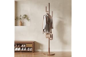 KungFuWood Coat Rack, Solid Wood Cactus Coat Rack Stand, Freestanding Coat Rack with 6 L-shaped Hooks and 3 Adjustable Sizes, Sturdy and Easy to Assemble Coat Tree for Entryway, Bedroom (Walnut)