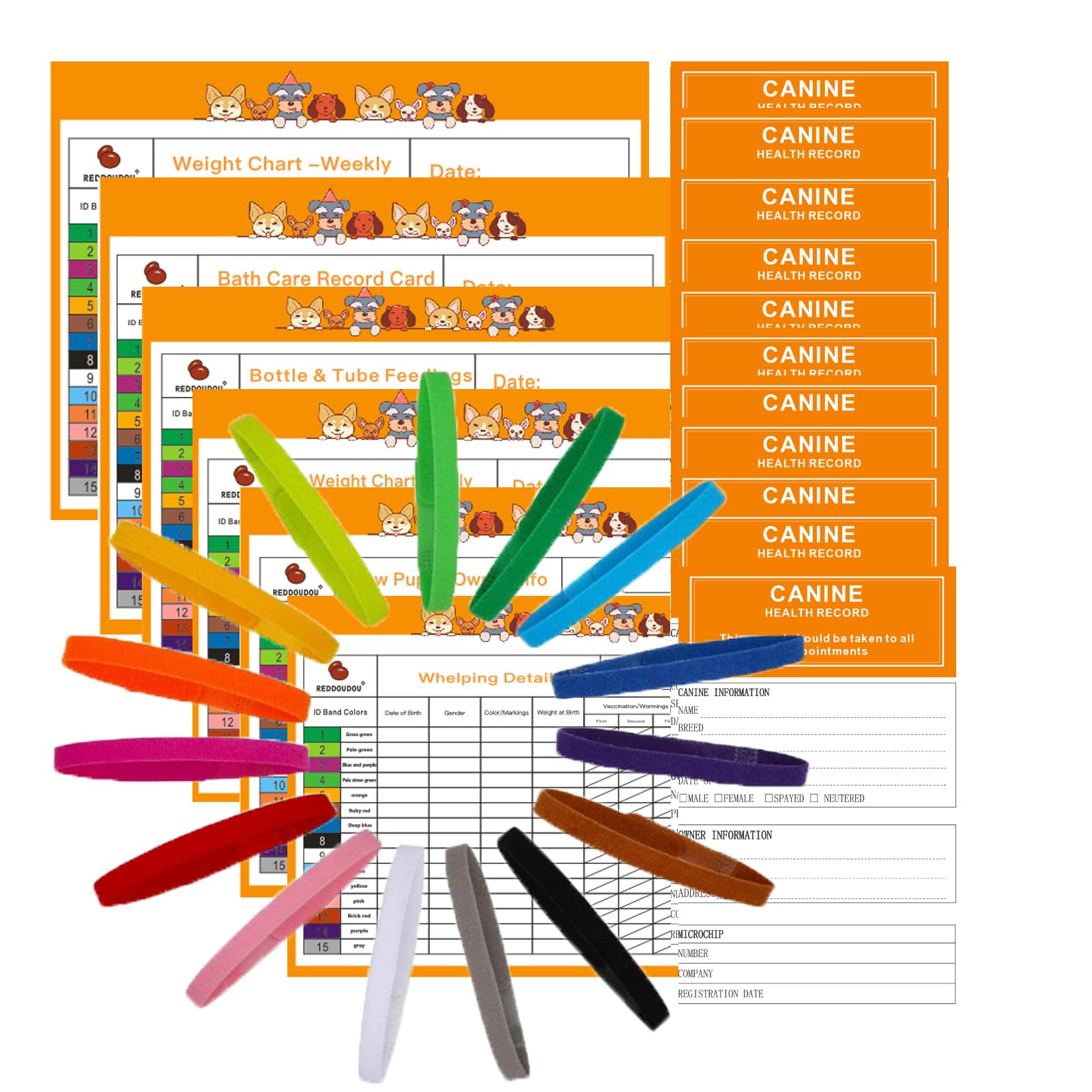 12 Pack Soft Nylon Puppy ID Collars with Record Keeping Charts and 12 Pack Canine Health Record - Perfect for Puppy Kitten and Other Newborn Pets