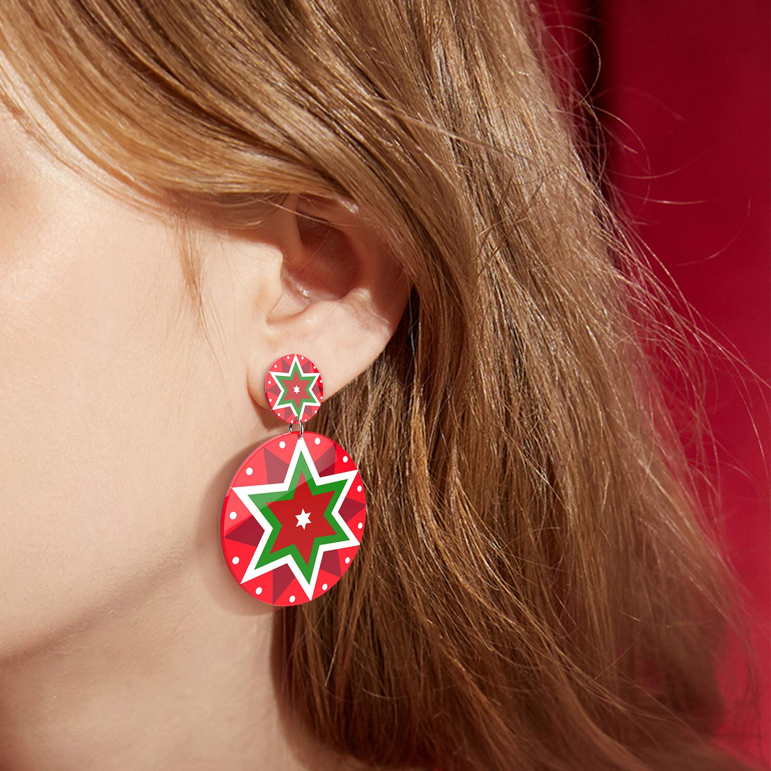 UHIBROS Women Christmas Jewelry Pentagram Dangle Drop Stud Earrings Ear Hook Drop Earring Xmas Gift For Teen Girls