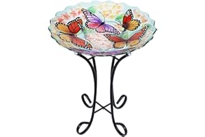 VCUTEKA Glass Bird Bath Outdoor with Metal Stand for Lawn Yard Garden Decor Butterfly Bird Feeder
