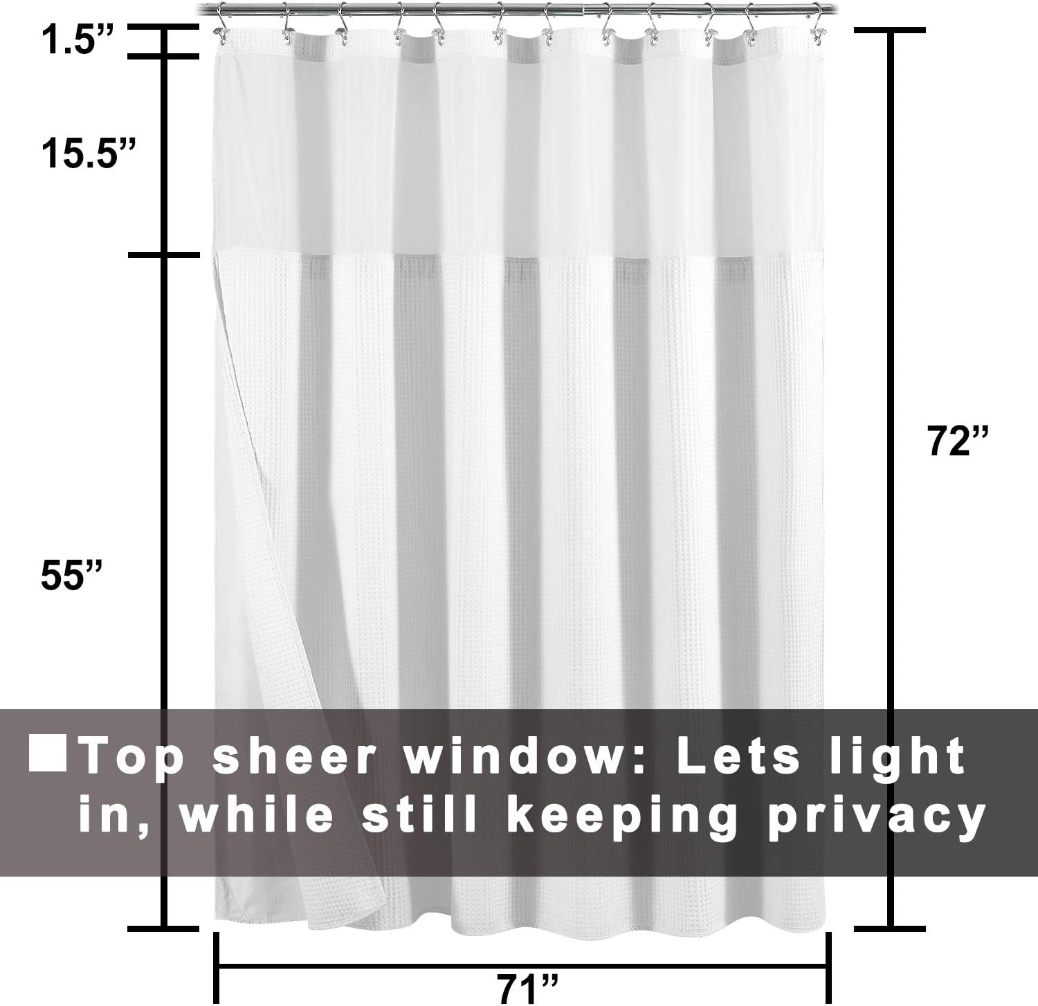 Hotel Style Cotton Shower Curtain with Snap-in Fabric Liner, Mesh Window Top, Honeycomb Waffle Weave Cotton Blend Fabric, Washable, White, 71x72 Inches: Home & Kitchen