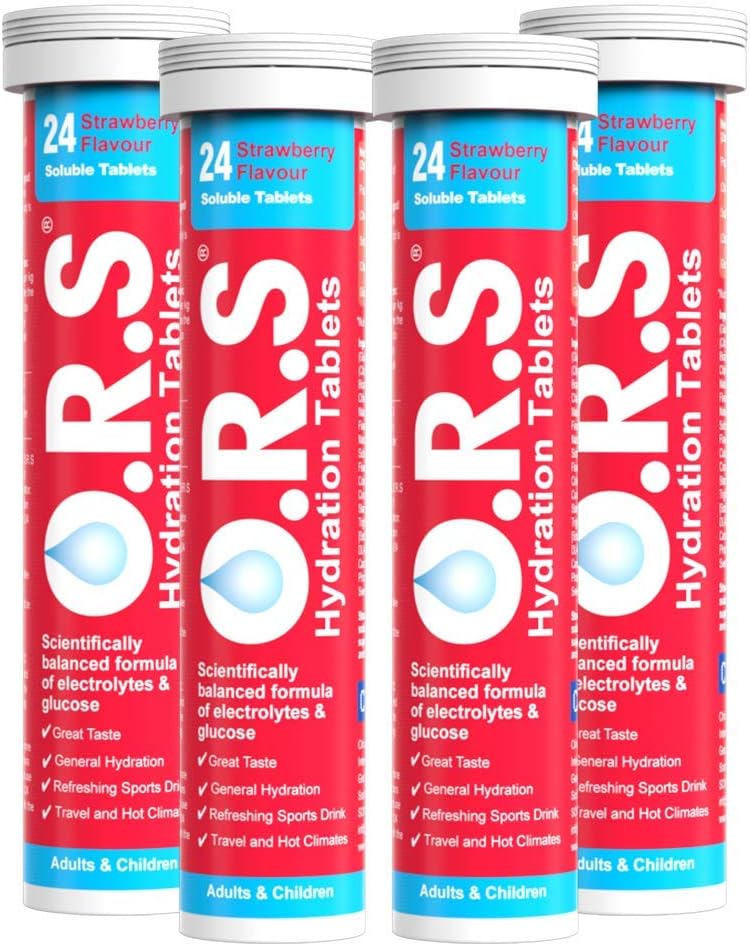 O.R.S Hydration Tablet with Electrolytes for Rehydration Wellness, Travel, Sports & Recovery, Strawberry, 24 count (Pack of 4)