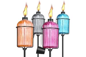 FAN-Torches 4 Pack Glass Garden Torch, 13.5 oz Colorful Outdoor Torch Garden Décor, 61-Inch Upgraded Citronella Torches with 3-Prong Grounded Stake, Metal Light Torches for Party Patio Pathway