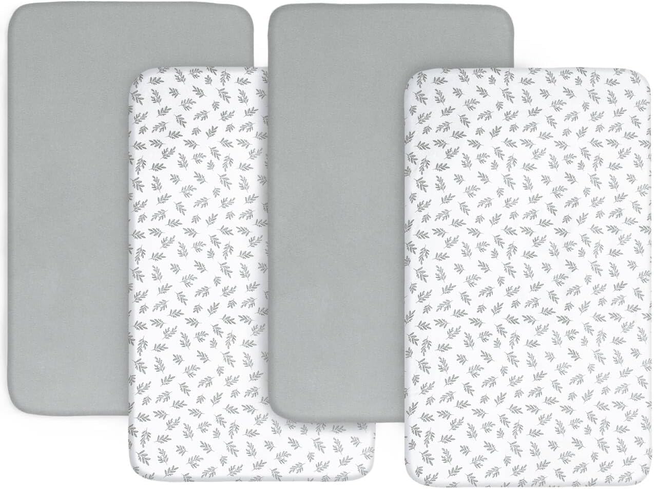 Next to Me Crib Sheets 4 Pack,Ultra Soft Sheets Fitted 83x50cm,Compatible with Chicco Next2Me & Tutti Bambini Cozee Crib Mattress,Grey Leaf