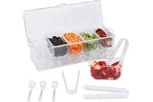 JOEY'Z Condiment Caddy with 5 Removable Containers (2.5Cup) & Tongs/Spoon Set - Great Condiment Containers for Salad Bar, Garnish Tray, Nacho Bar, Pizza Topping Station, Bar Supplies, Vegetable Tray With Lid