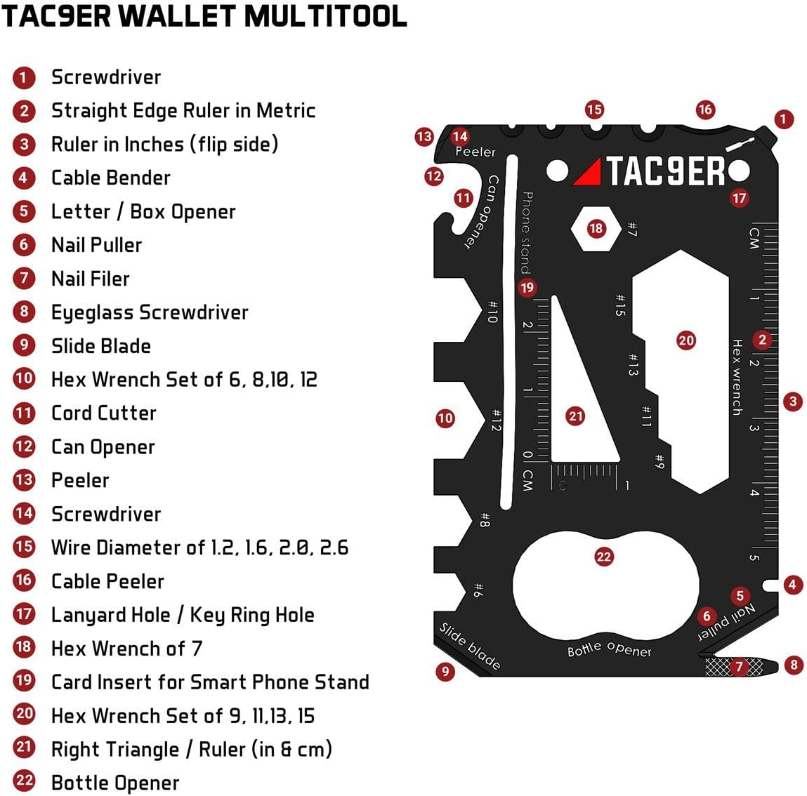 TAC9ER 22-in-1 Wallet Multitool Credit Card Sized Survival Tool Fits in a Pocket EDC Rescue Gear for Quick Fixes - - 