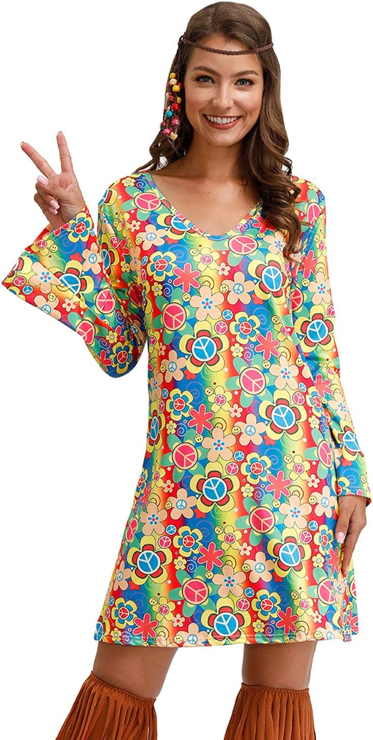 For G and PLWomen's Halloween Floral 1960's 1970's Hippie Costume Dress