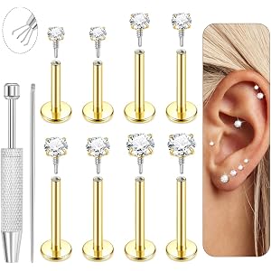 YOVORO 4Pairs 16G 18G G23 Titanium Flat Back Stud Earrings for Women Extended Internal Thread Cartilage Earrings Hypoallergen