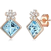EVEVIC Square Austrian Crystal Flower Stud Earrings for Women 925 Sterling Silver Post with 14K Gold Plated Hypoallergenic Jewelry Gift