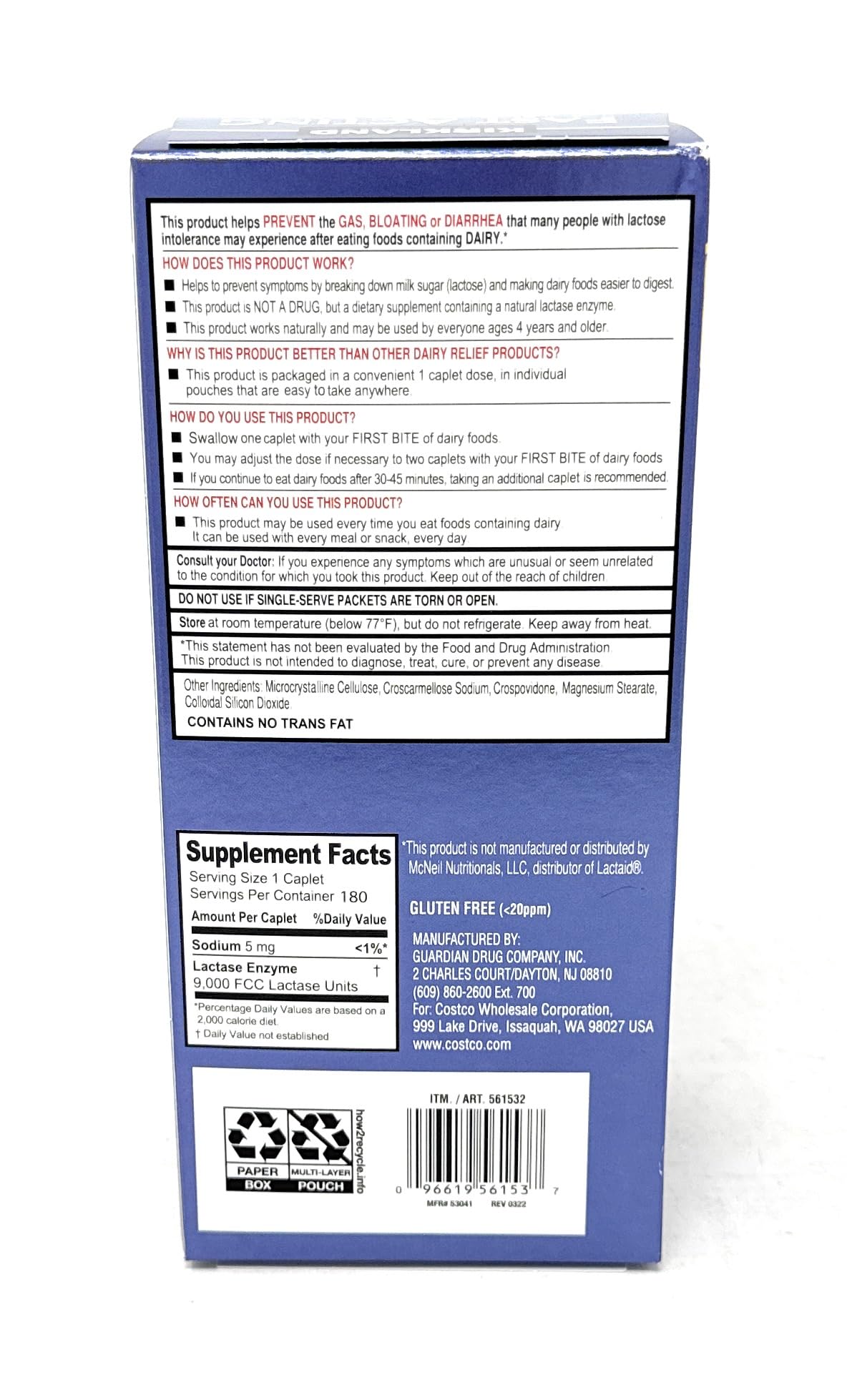 Kirkland Signature Fast Acting Lactase - 180 Caplets