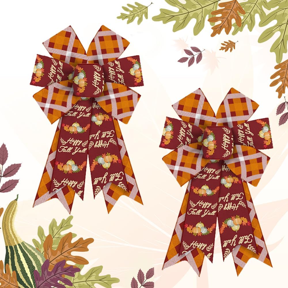 Bows & Ribbons - Hying 2 Pieces Happy Fall Pumpkin Bows for Wreath, Thanksgiving Wreath Bows Orange Burlap Bow Autumn Harvest Craft Bow Holiday Farmhouse Bows for Front Door Wall Fall Thanksgiving Decoration Supplies