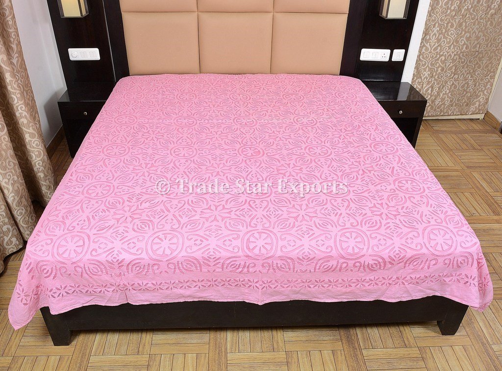 美品 Trade Starハンドメイドアップリケベッドスプレッド オーガンジー生地ピンク寝具 カットワーク刺繍ボヘミアンbedsheet Indian ベッドカバークイーン B011rayrdc ベッドカバー Www Amro Asia Org