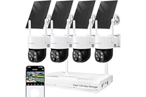 XMARTO Solar Camera Outdoor Wireless, 4 PCs QHD 4MP Wireless PTZ Security Camera System with 4K 10CH Expandable WiFi NVR, All-Weather Solar Charge, Two-Way Audio, PIR Sensor, 360° View, No Monthly Fee