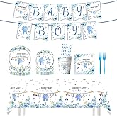TOTOMA 162 Pcs Baby Shower Decorations for Boy Serve 25 Guest - Blue Theme All-in-One Party Supplies Kit with Plates, Cups, Napkins, Forks, Straws, Banner, Tablecloth for Baby Shower Decor