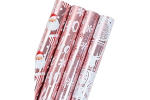 WRAPAHOLIC 30 Inch Christmas Wrapping Paper Roll - Jumbo Roll Rose Gold Santa, Snowflakes and Reindeer Holiday Collection with Metallic Foil Shine - 4 Rolls - 30 Inch x 120 Inch Per Roll