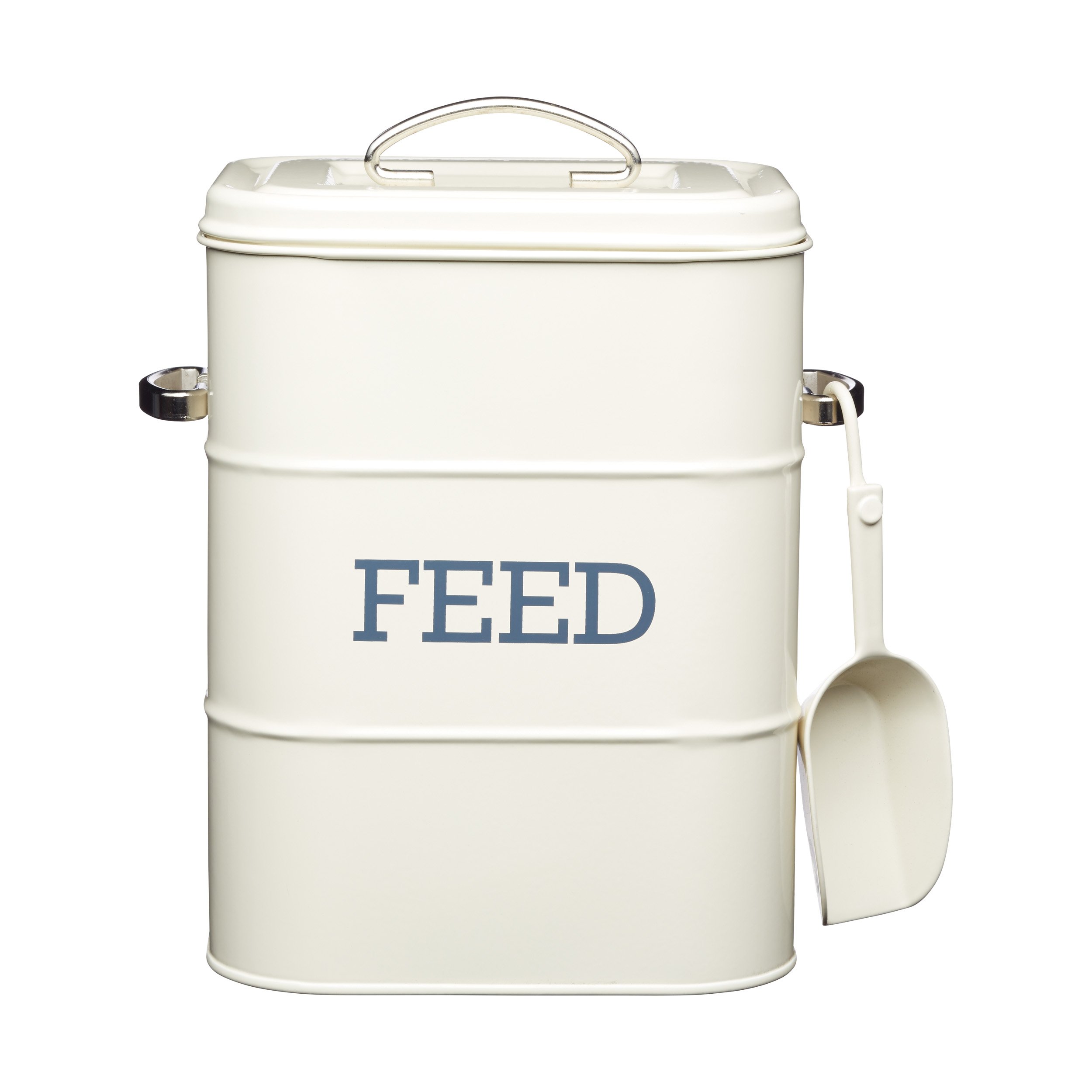 KitchenCraft Living Nostalgia Pet Food Storage Tin with Metal Scoop, Dog Food Bin, Dry Animal Feed Biscuit Metal Container for Bird, Cat, Rabbit, Guinea Pigs, Antique Cream