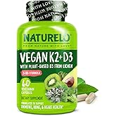 NATURELO Vitamin D3 K2 - Vegan K2+D3 with Plant Based D3 from Lichen - Natural D3 Supplement for Immune System, Bone Support, Heart Health - Whole Food - Non-GMO - Gluten Free, 60 Capsules