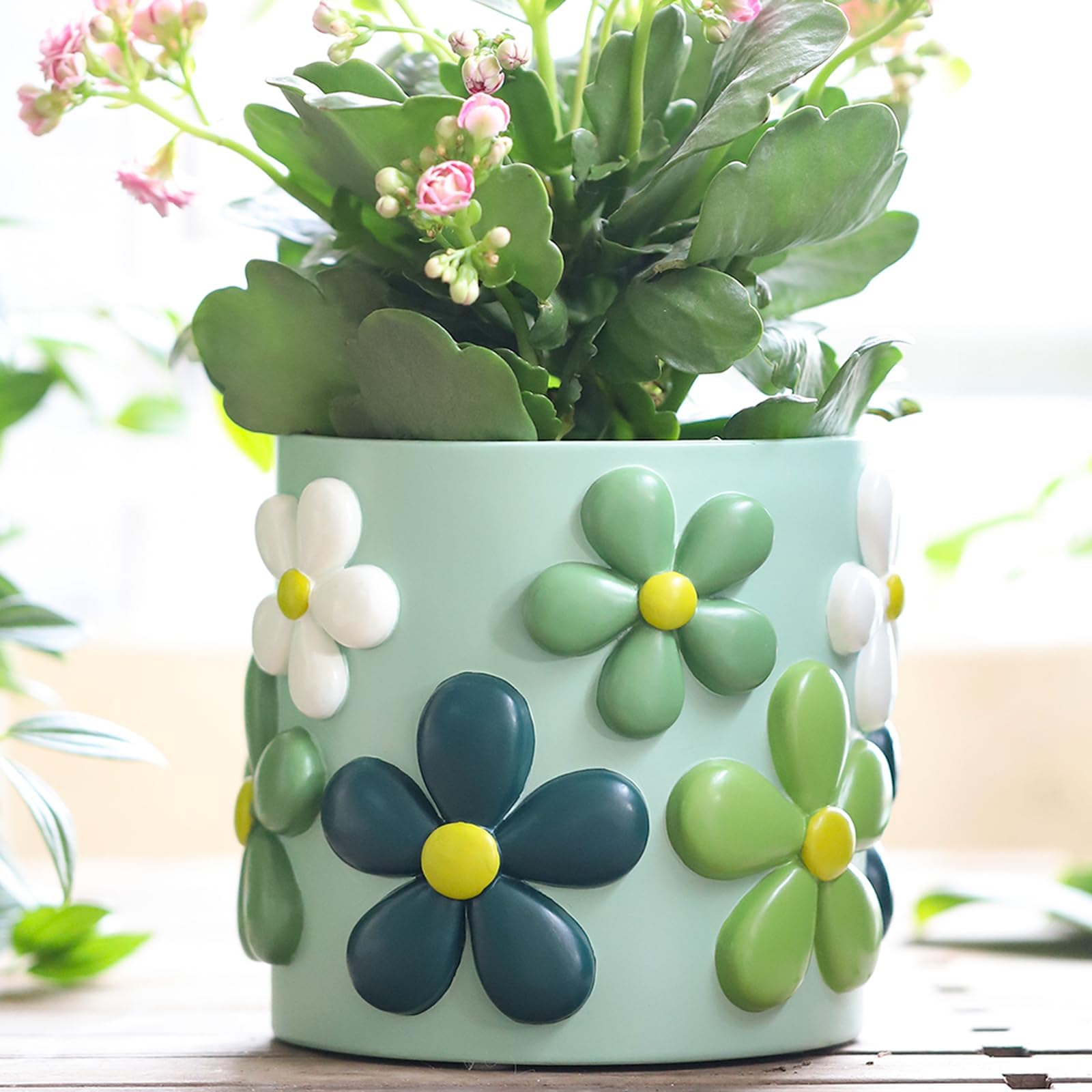 AmiCera Colourful Flower Pots Planter, Cute Unique Plant Pot for Indoor Plants, Boho Modern Planters with Drainage, Small Succulent Pots Eclectic Home Garden Decor Funky Plant Gifts, Green