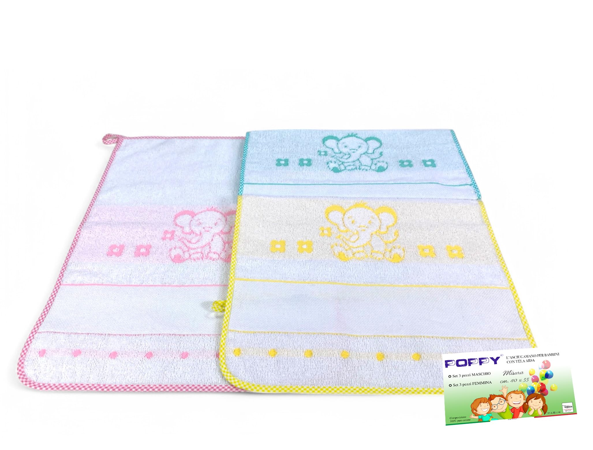 Tex family Set of 3 baby towels POPPY girl © cm. 40x55 pure cotton FEMALE with AIDA canvas to be embroidered