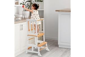 COSYLAND Kids Kitchen Step Stool Helper - Wooden Standing Tower for Kids with Anti-Tip Support Legs (White & Natural)