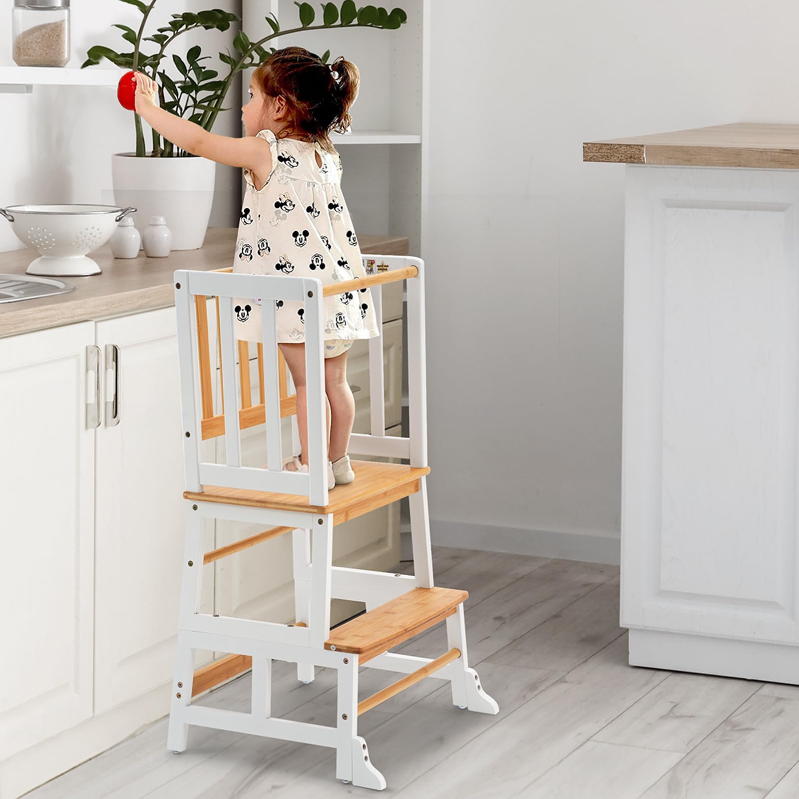 Photo 1 of COSYLAND Kids Kitchen Step Stool Helper - Wooden Standing Tower for Kids with Anti-Tip Support Legs (White & Natural)