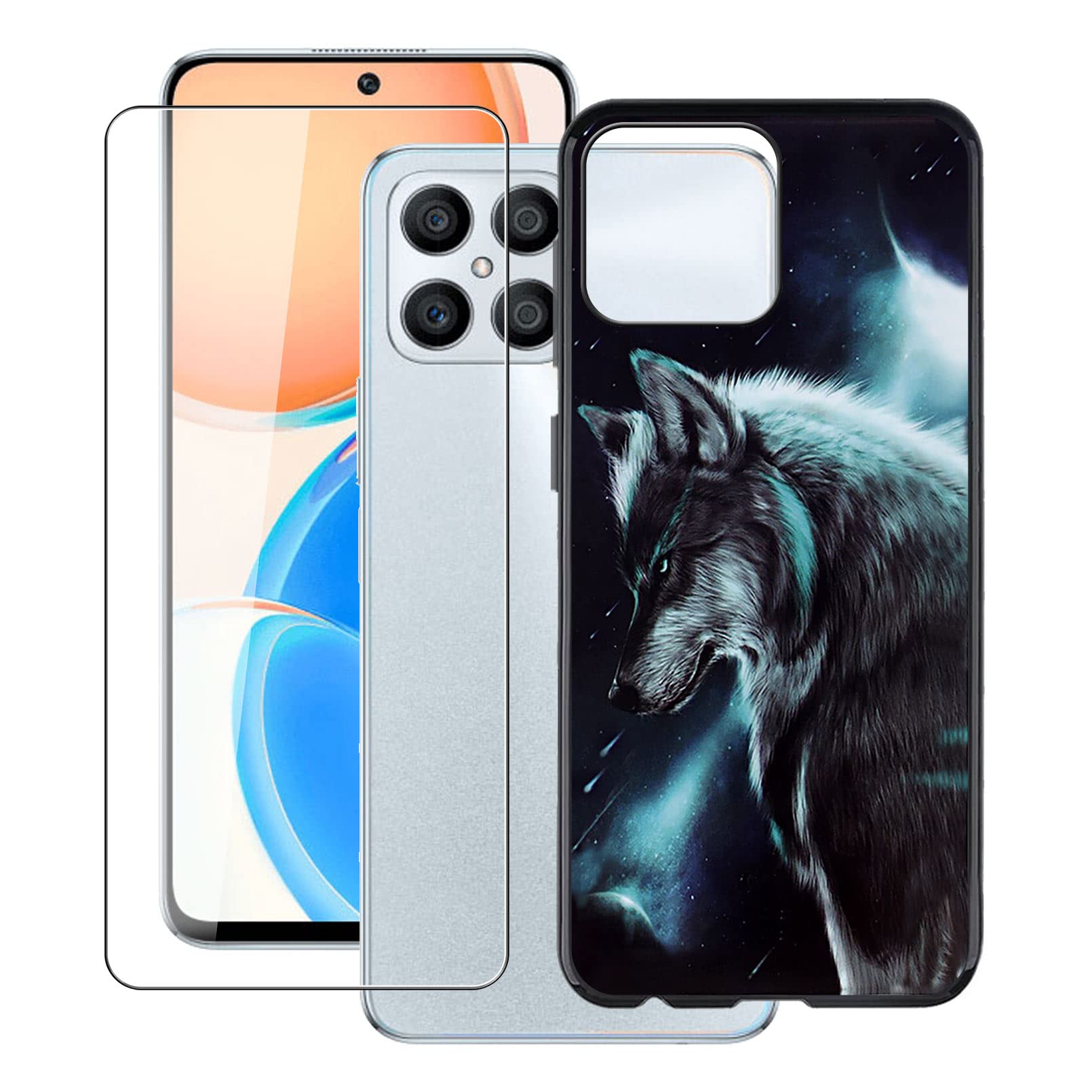 ZXLZKQ Case for Honor X8 (6.7 Inch) + Tempered Glass Screen Protector, Black TPU Bumper Soft Silicone Anti-Shock Case Cover for Honor X8 - Moonlight Wolf
