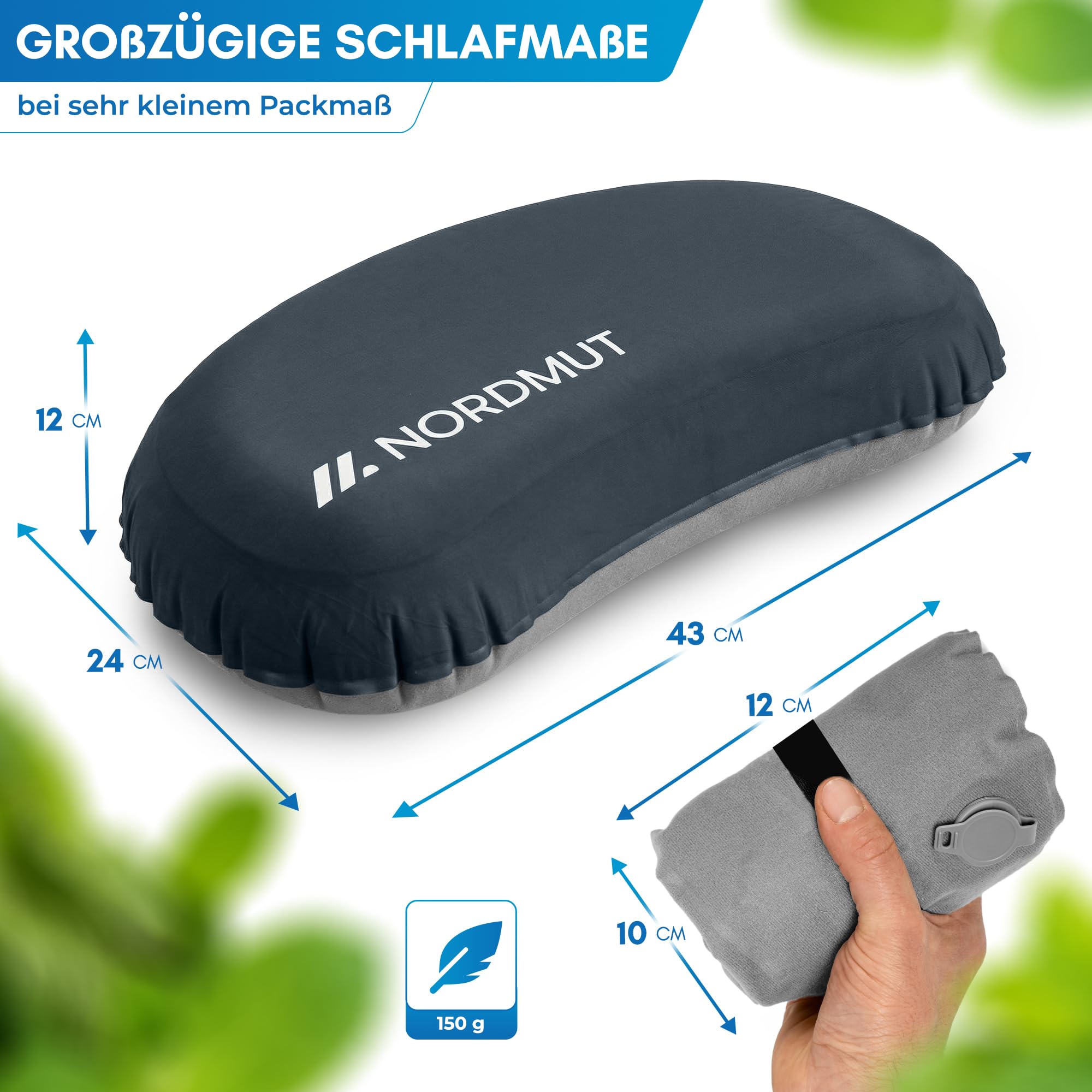 NORDMUT® Campingkissen aufblasbar [SoftSleep+] Komfortables Kissen Ultraleicht mit kleinem Packmaß – Reisekissen aufblasbar inkl. waschbarem Kissenbezug (Schwarz) 4