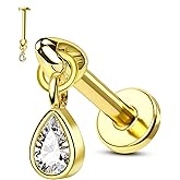 COCHARM 16G Drop Vertical Helix Piercing Jewelry, Flat Back Piercing Stud for Cartilage, Tragus, Conch, Dangle Design, Gold and Silver Tone Lobe Helix Earring Stud