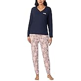 Nautica 2 Piece Long Sleeve Blend V-Neck Top & Jogger Pajama Set for Women, Lightweight & Breathable Cotton & Polyester Blend