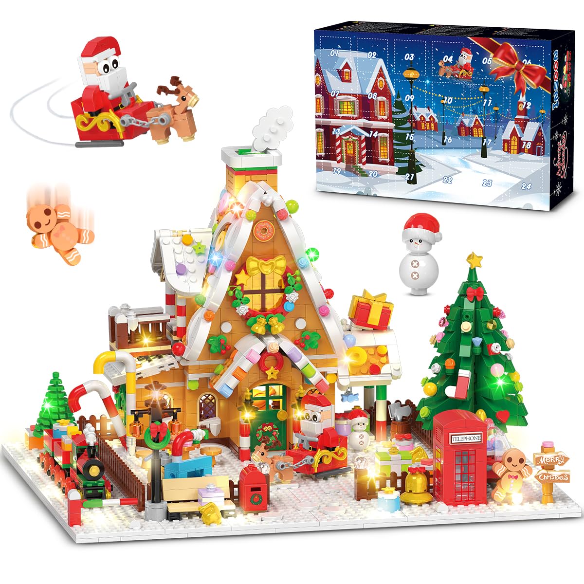 INSOON Advent Calendar 2025 Gingerbread House Mini Building Set with Lights, 24 Days Christmas Countdown Building Block with Xmas Tree Train, Gift Toy for Adults Teens Boys Girls Ages 10+