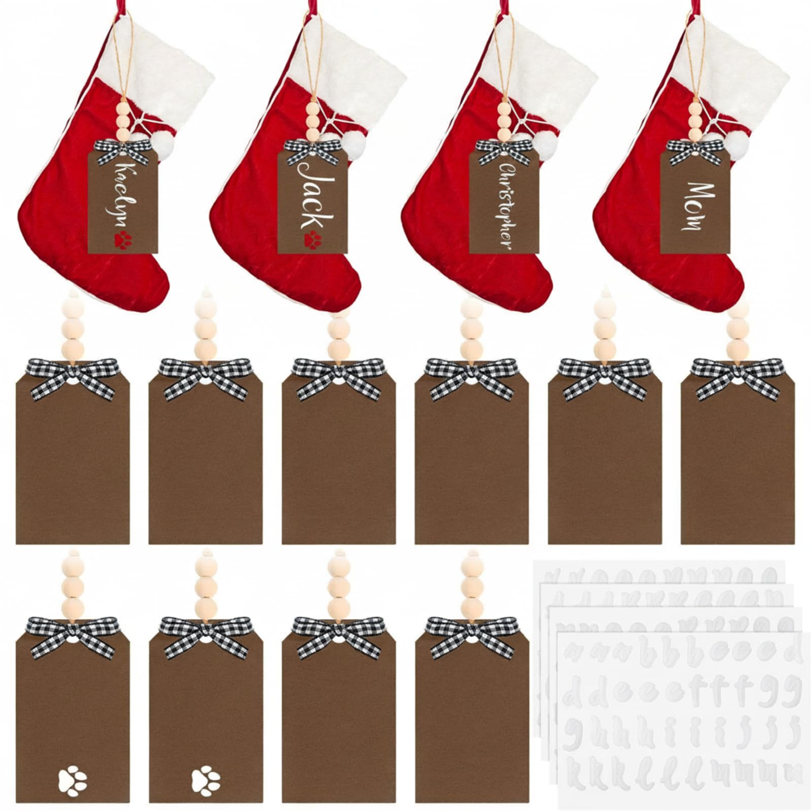 Photo 1 of 10 Pieces Christmas Stocking Name Tags Wood Stocking Name Tag Unfinished Personalized Wood Stocking Tags Wooden Hanging Name Tag with 4 Pieces Letter Stickers A to Z for Christmas Decoration (Brown)