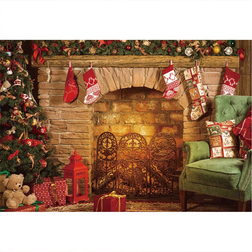 Aoihrraan 7x5ft Christmas Fireplace Backdrop Vintage Brick Fireplace Red Sock Xmas Tree Sofa Winter Interior Photography Background New Year Eve Festival Family Party Portrait Photo Studio Props