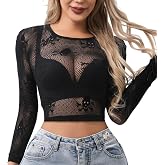 Sesiwadbe Women Sexy Crop Top Shirt Fishnet Lingerie Bikini Cover Up | See-Through Blouse, Bodycon Party Clubwear, Cosplay Costume Outfits