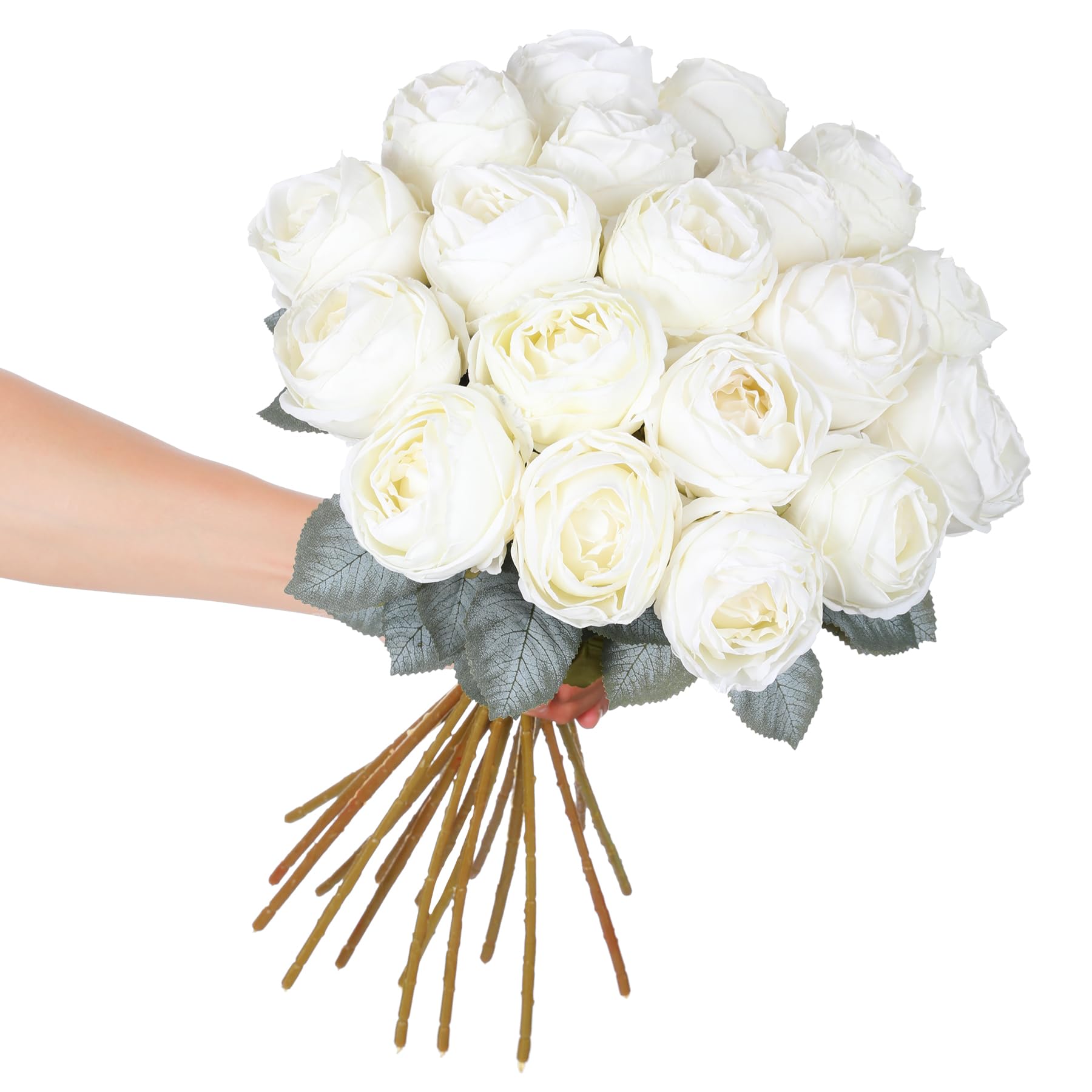 Kisflower Artificial Roses White, 20 Inch Tall Single Rose Long Handle Fake Flower, Silk Blossom Realistic Flower for Table, Office, Party, Wedding, Home Decor (White, 10 Pieces)