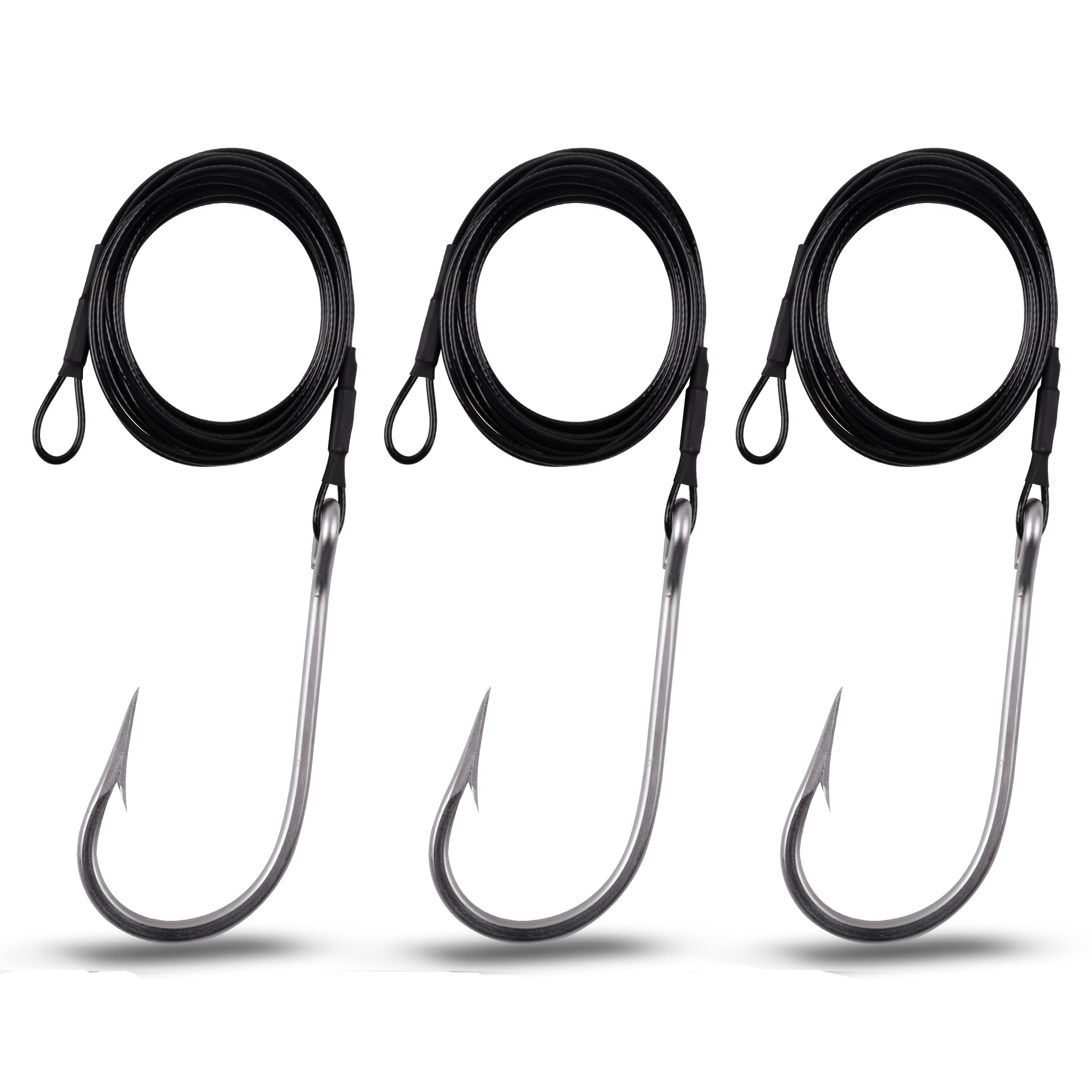 Shark Hook Fishing Rigs, 3pcs Stainless Steel Tuna Hooks 400lb Nylon Coated Cable Leader Rig Hand-tied Crimped Deep Sea Saltwater Fishing Rigs for Shark Tuna Toothy (10/0-3 Packs)