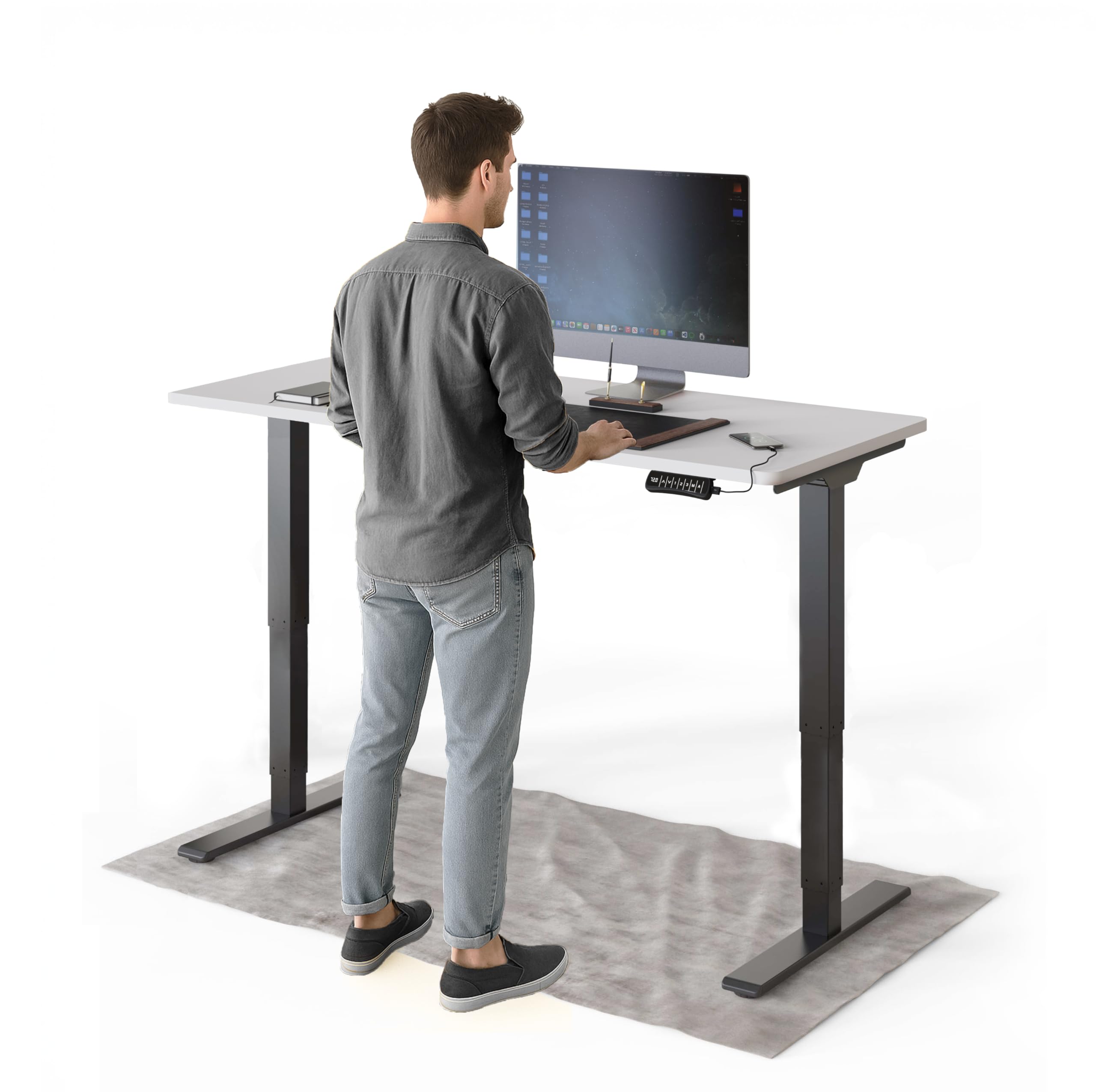 DESKSPACE PRO Plus höhenverstellbarer Schreibtisch elektrisch (140x70cm) - Büro Tisch mit Kollisionsschutz, Memory-Funktion und 10 Jahre Gewährleistung, Stehpult (Gestell Schwarz, Tischplatte Weiß)