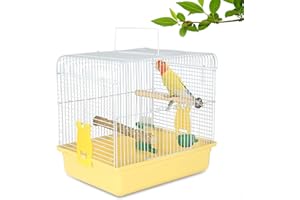 COKUUCO Small Bird Cage, Lightweight for Parakeets, Hanging for Parrot, Travel for Cockatiel, Outdoor Budgie, Pet Products Flat Top Economy Small Animal Cage with Stand Accessories with White Wire, Yellow